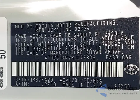 2024 Toyota Camry Hybrid Le from USA, damaged, VIN 4T1C31AK2RU077836
